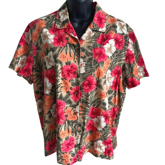 Boho Linen Blend Hawaiian Shirt M Tropical Floral Hibiscus Button Vacation Top - Picture 1 of 5
